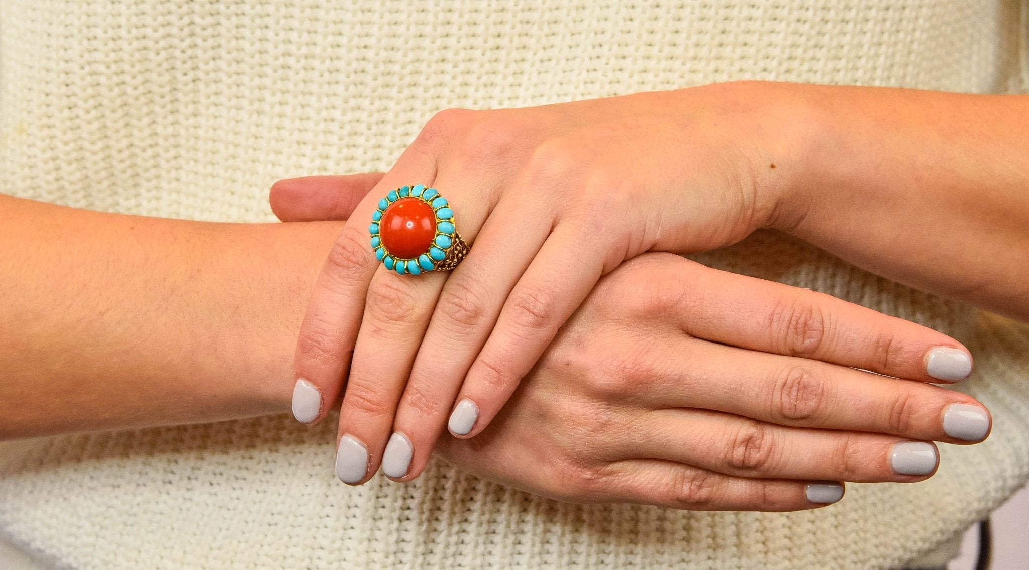 Vintage Coral Turquoise 14 Karat Gold Cluster Ring Circa 1960 - Wilson's Estate Jewelry