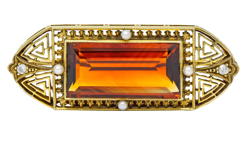 Walton & Co. Art Deco 10.46 CTW Citrine Pearl Diamond 14 Karat Gold Brooch - Wilson's Estate Jewelry