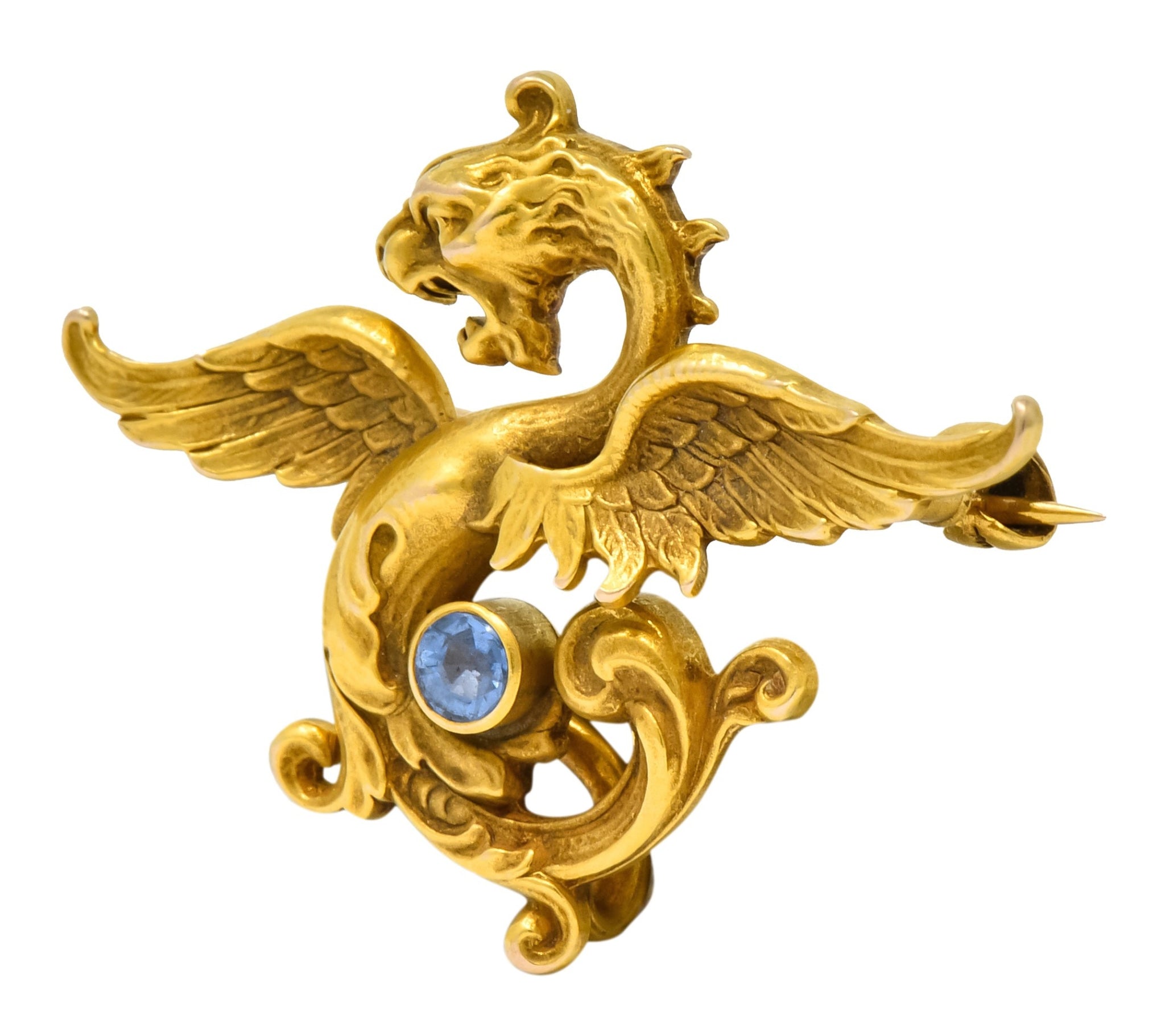 Whiteside and Blank Art Nouveau 14 Karat Gold Sapphire Dragon Watch Pin Brooch - Wilson's Estate Jewelry