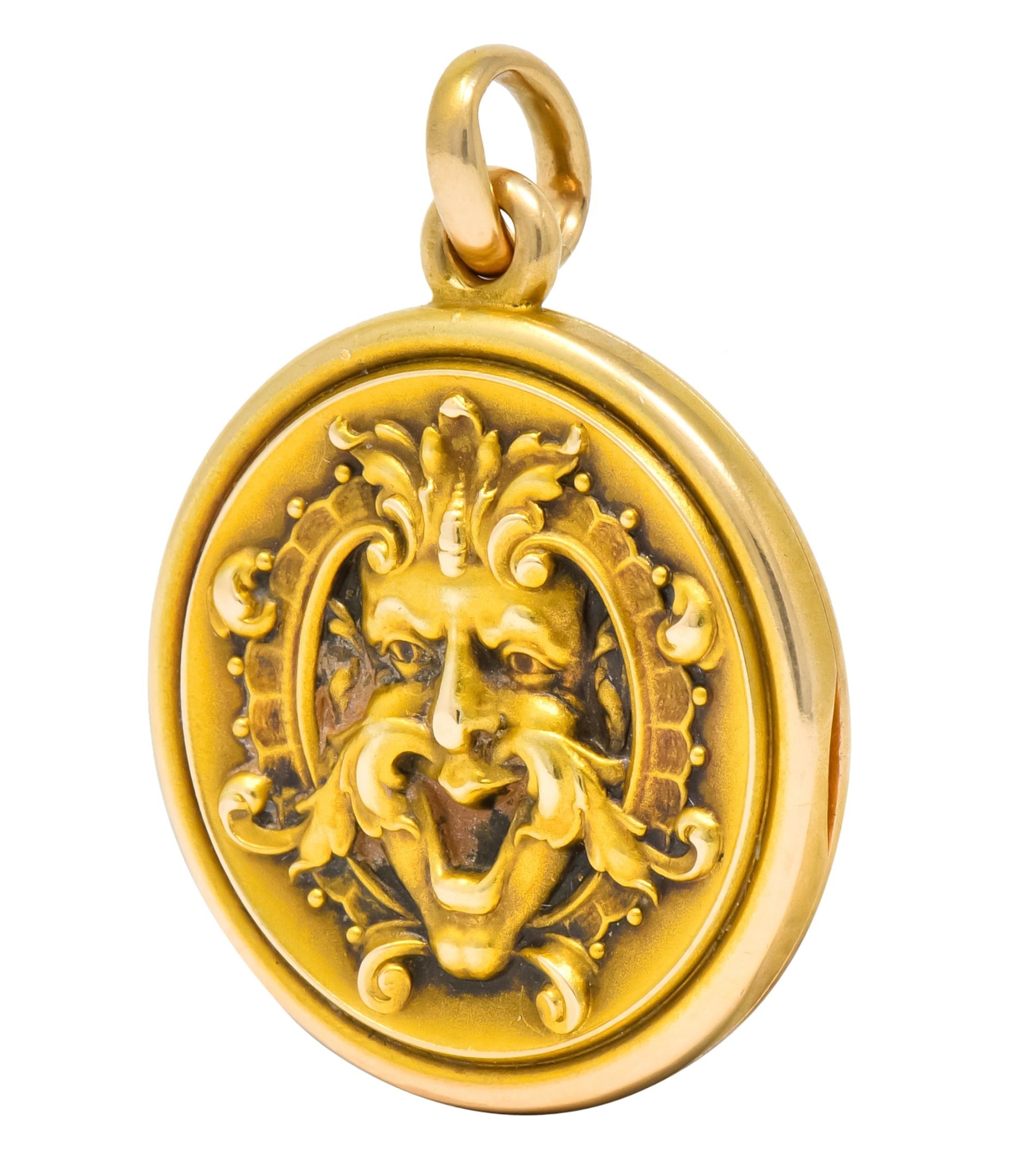 Whiteside & Blank Art Nouveau 14 Karat Gold Green Man Foliate Locket - Wilson's Estate Jewelry